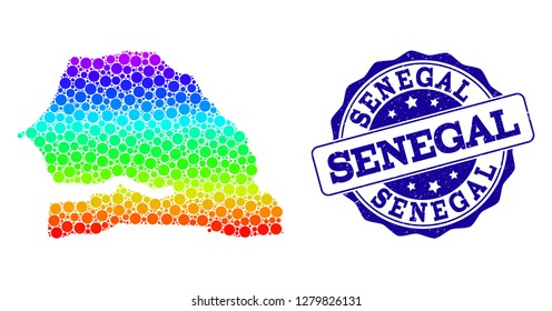 Dot rainbow map of Senegal and blue grunge round stamp seal. Vector geographic map in bright rainbow gradient colors on a white background.
