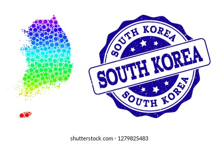 Dot rainbow map of South Korea and blue grunge round stamp seal. Vector geographic map in bright rainbow gradient colors on a white background.