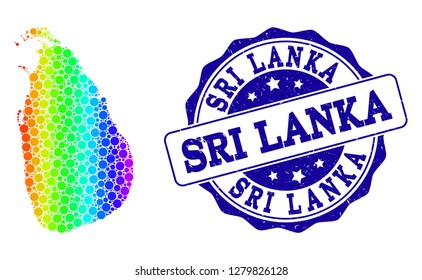 Dot rainbow map of Sri Lanka and blue grunge round stamp seal. Vector geographic map in bright rainbow gradient colors on a white background.