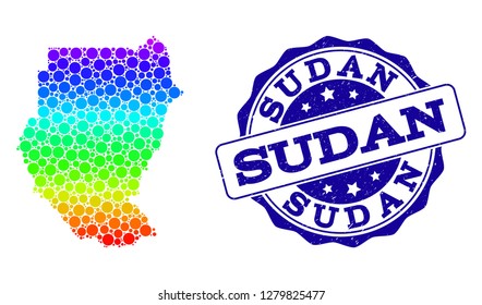 Dot rainbow map of Sudan and blue grunge round stamp seal. Vector geographic map in bright rainbow gradient colors on a white background. Colorful vector pattern of map of Sudan created of round dots.
