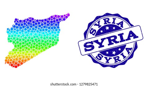 Dot rainbow map of Syria and blue grunge round stamp seal. Vector geographic map in bright rainbow gradient colors on a white background.