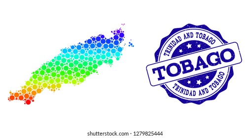 Dot rainbow map of Tobago Island and blue grunge round stamp seal. Vector geographic map in bright rainbow gradient colors on a white background.