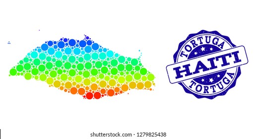 Dot rainbow map of Tortuga Island and blue grunge round stamp seal. Vector geographic map in bright rainbow gradient colors on a white background.