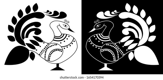 El diseño de dot rangoli de Peacock con plumas es en negro y fondo, también puede ser utilizado en el trabajo de esténcil
