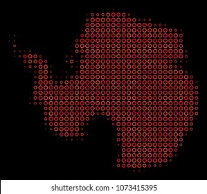 Dot red halftone Antarctica Map. Vector territorial map in red color tones on a black background. Vector halftone collage of Antarctica Map combined of contour circles.