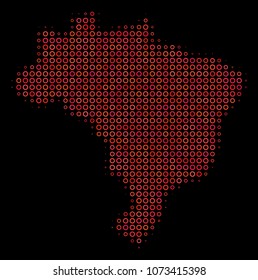 Dot red halftone Brazil Map. Vector territorial map in red color tones on a black background. Vector halftone pattern of Brazil Map designed of circle items.
