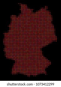 Dot red halftone Germany Map. Vector territory map in red color shades on a black background. Vector halftone pattern of Germany Map done of circle items.