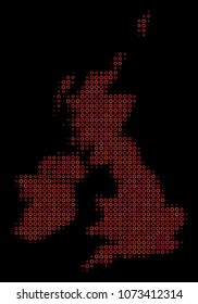 Dot red halftone Great Britain And Ireland Map. Vector geographic map in red color variations on a black background. Vector halftone mosaic of Great Britain And Ireland Map done of contour circles.