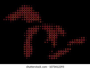 Dot red halftone Great Lakes Map. Vector territory map in red color hues on a black background. Vector halftone concept of Great Lakes Map organized of small spheres.