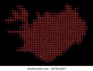 Dot red halftone Iceland Map. Vector geographic map in red color variations on a black background. Vector halftone composition of Iceland Map composed of circle spots.