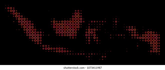 Dot red halftone Indonesia Map. Vector geographical map in red color shades on a black background. Vector halftone mosaic of Indonesia Map made of empty circles.