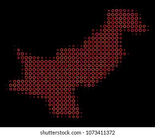 Dot red halftone Pakistan Map. Vector geographical map in red color variations on a black background. Vector halftone mosaic of Pakistan Map organized of circle points.