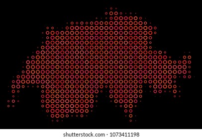 Dot red halftone Swissland Map. Vector geographical map in red color variations on a black background. Vector halftone collage of Swissland Map created of contour spheres.