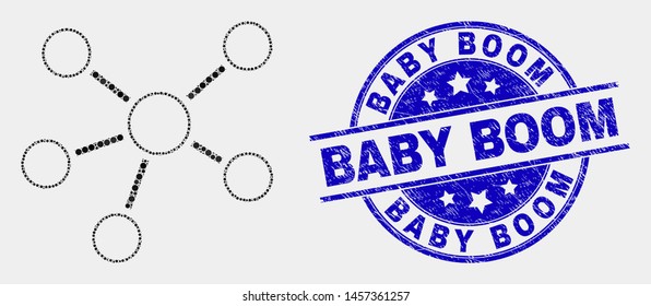 Dot relations mosaic pictogram and Baby Boom seal stamp. Blue vector round distress seal stamp with Baby Boom caption. Vector composition in flat style.