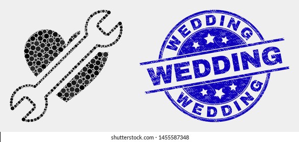 Dot repair heart mosaic pictogram and Wedding seal stamp. Blue vector round grunge seal stamp with Wedding caption. Vector collage in flat style. Black isolated repair heart mosaic of random spheres,
