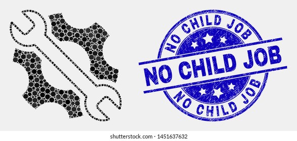 Dot repair tools mosaic icon and No Child Job seal. Blue vector round distress seal stamp with No Child Job title. Vector combination in flat style.