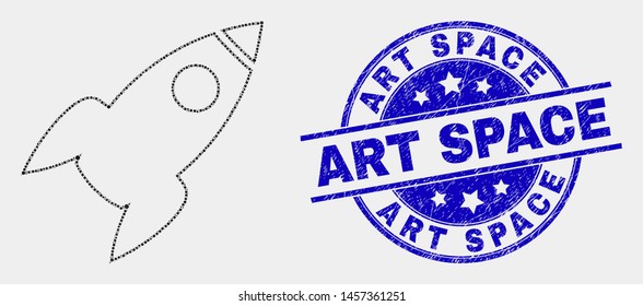 Dot rocket mosaic pictogram and Art Space stamp. Blue vector rounded distress seal stamp with Art Space caption. Vector composition in flat style. Black isolated rocket mosaic of random spheres,