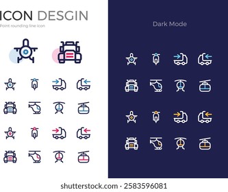 Dot round line vector illustration transportation airplane loading and unloading motorcycle helicopter large truck light aircraft cable car