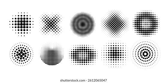 Dot round pattern set. Black gradient Circle halftone collection. Abstract round element, Round dotted halftone shapes