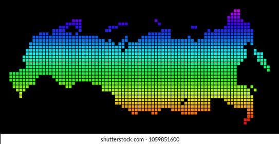 A dot Russia Map. Vector geographic map in bright spectrum colors on a black background. Multicolored vector abstract mosaic of Russia Map combined of dots.