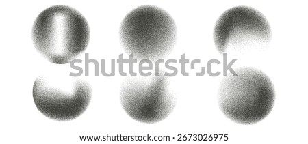 Dot sand circles set. Grainy diffuse spheres collection. Glitter texture brush balls isolated on transparent background. Vector gradient noise rounded figures.