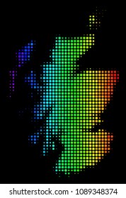 Dot Scotland map. Halftone territory scheme drawn with rainbow color tints with horizontal gradient on a black background. Vector pattern of Scotland map composed of sphere elements.