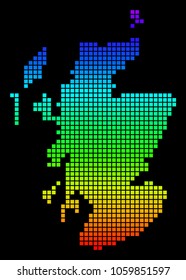 A dot Scotland Map. Vector geographic map in bright spectrum colors on a black background. Color vector abstract composition of Scotland Map composed of square dots.