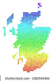 Dot Scotland map. Vector territorial scheme using bright rainbow color hues with vertical gradient. Bright vector collage of Scotland map made from rectangle points.