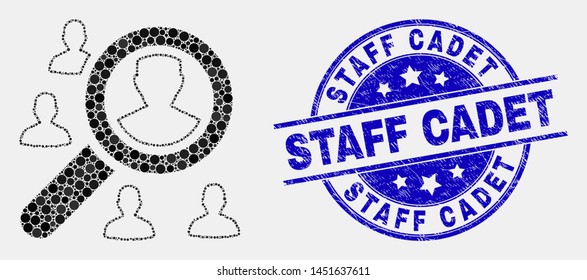 Dot search users mosaic icon and Staff Cadet seal stamp. Blue vector rounded grunge seal stamp with Staff Cadet message. Vector combination in flat style.