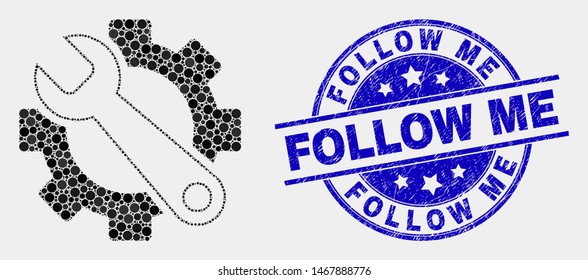 Dot service tools mosaic icon and Follow Me seal. Blue vector rounded scratched seal stamp with Follow Me text. Vector combination in flat style. Black isolated service tools mosaic of scattered dots,