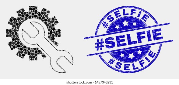 Dot setup tools mosaic icon and #Selfie seal stamp. Blue vector rounded scratched watermark with #Selfie title. Vector collage in flat style. Black isolated setup tools mosaic of random spheres,