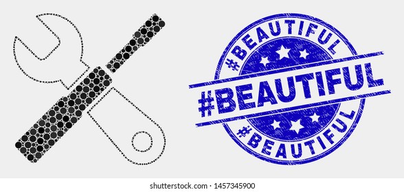 Dot setup tools mosaic pictogram and #Beautiful seal stamp. Blue vector rounded grunge seal stamp with #Beautiful title. Vector combination in flat style.