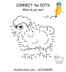 Dot to dot Sheep. Connect all dots and you see which animal is hidden on the picture. Join the dots by numbers to draw Sheep. Education Game and Coloring Page with cartoon cute Lamb.Logic Game for Kid