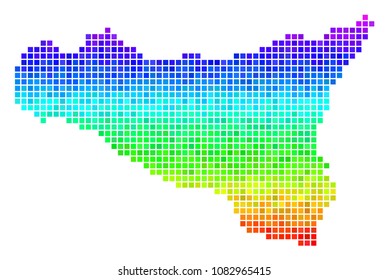 Dot Sicilia map. Vector geographic scheme in impressive spectral color variations with vertical gradient. Colorful vector mosaic of Sicilia map combined with square points.