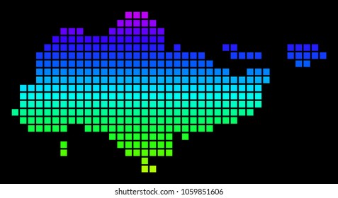 A dot Singapore Map. Vector geographic map in bright spectrum colors on a black background. Color vector abstract mosaic of Singapore Map constructed of square dots.