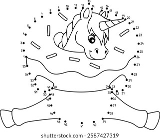 Dot to Dot Sitting Unicorn in a Donut Isolated 