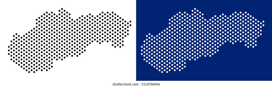 Dot Slovakia map. Vector geographic map on white and blue backgrounds. Vector concept of Slovakia map organized from spheric elements.