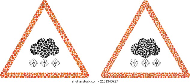 Dot snow warning icon. Mosaic snow warning icon composed of circle elements in different sizes and color tinges. Vector circle elements are arranged into illustration snow warning icon.