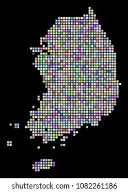 Dot South Korea Map. Vector geographic map in casual colors on a black background. Vector mosaic of South Korea Map constructed of regular small rectangles.