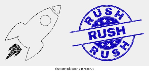 Dot space rocket mosaic icon and Rush seal stamp. Blue vector rounded scratched seal with Rush title. Vector combination in flat style. Black isolated space rocket mosaic of randomized dots,