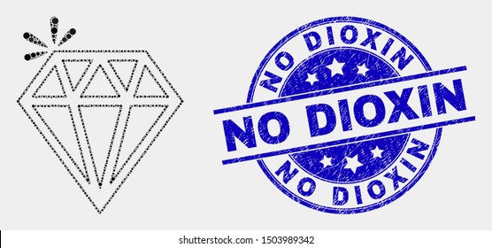Dot spark brilliant mosaic icon and No Dioxin seal. Blue vector round textured seal with No Dioxin title. Vector collage in flat style. Black isolated spark brilliant illustration of random dots,