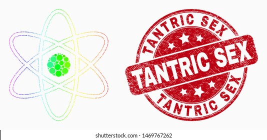 Dot spectral atom mosaic pictogram and "Tantric Sex" seal stamp. Red vector round grunge stamp with "Tantric Sex" title. Vector composition in flat style.