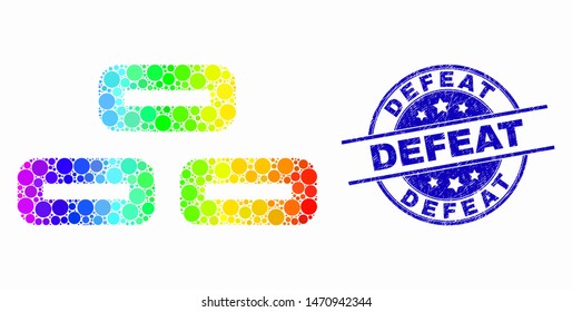 Dot spectral bricks mosaic icon and Defeat seal stamp. Blue vector rounded distress seal stamp with Defeat title. Vector combination in flat style.