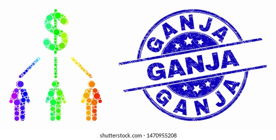 Dot spectral dollar managers links mosaic icon and Ganja seal stamp. Blue vector round scratched stamp with Ganja text. Vector combination in flat style.