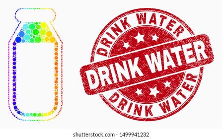 Dot spectral drinking bottle mosaic pictogram and Drink Water seal stamp. Red vector rounded distress seal stamp with Drink Water title. Vector collage in flat style.
