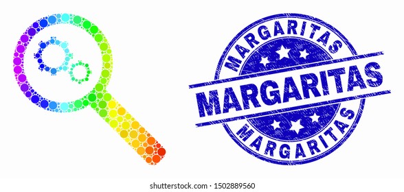Dot spectral explore gears mosaic pictogram and Margaritas stamp. Blue vector rounded textured seal stamp with Margaritas caption. Vector composition in flat style.