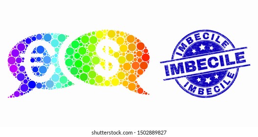 Dot spectral financial chat messages mosaic icon and Imbecile watermark. Blue vector rounded textured watermark with Imbecile text. Vector composition in flat style.