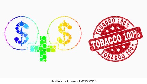 Dot spectral financial sum mosaic pictogram and Tobacco 100 Percent seal stamp. Red vector rounded distress seal stamp with Tobacco 100 Percent phrase. Vector composition in flat style.