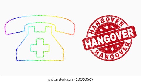 Dot spectral first aid phone mosaic icon and Hangover stamp. Red vector rounded distress seal stamp with Hangover caption. Vector collage in flat style.