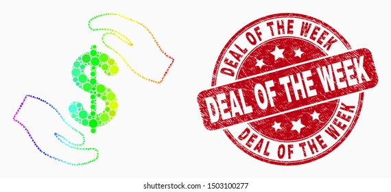 Dot spectral hands care dollar mosaic pictogram and Deal of the Week seal stamp. Red vector rounded textured seal stamp with Deal of the Week caption. Vector combination in flat style.